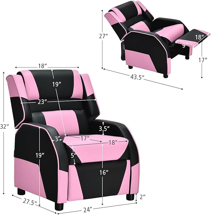 Pink Kids Youth PU Leather Sofa Recliner Comfortable Headrest Adjustable Backrest and Footrest Ergonomic Armrest Wooden Frame Large Seating Space Suitable for Gaming Reading Watching TV Napping
