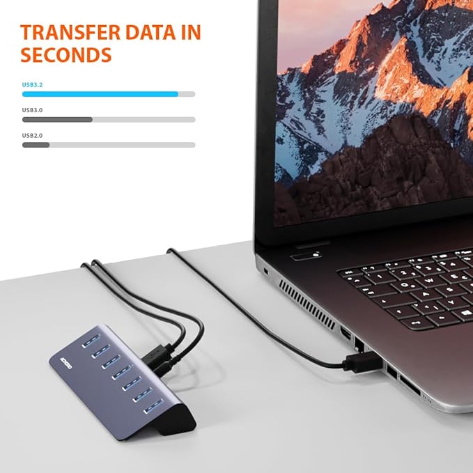 Achoro 7 Ports Powered USB HUB – 2nd Generation 10GB Super Speed External Ports – USB 3.2 Aluminium USB for Computer Mac PCs Smartphone &amp Tablets – Computer Multiple USB A &amp C Hub