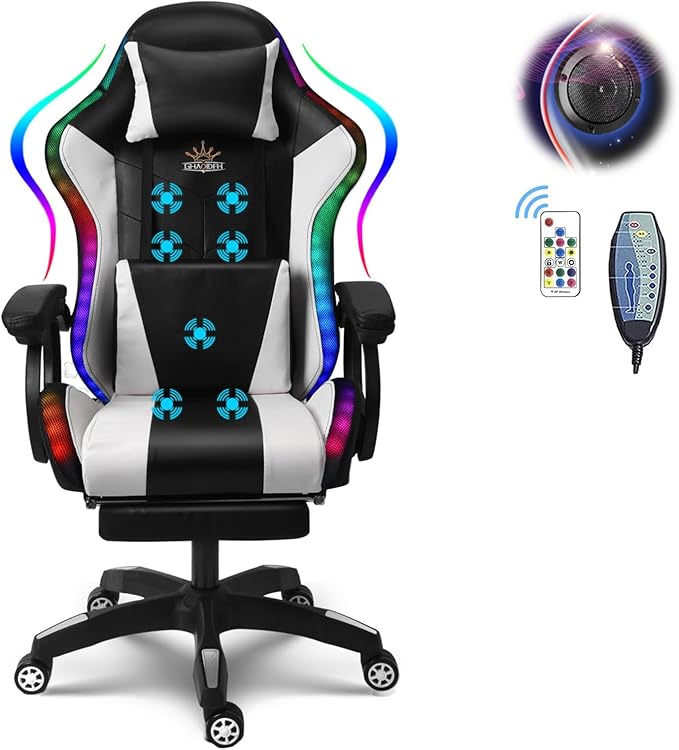 Gaming Chair with Speakers and RGB Lights Video Game Chairs Ergonomic Pro Office Chair with Full Massage Lumbar Support 90°-135° Backrest Adjustable Computer Chairs with FootrestWhite