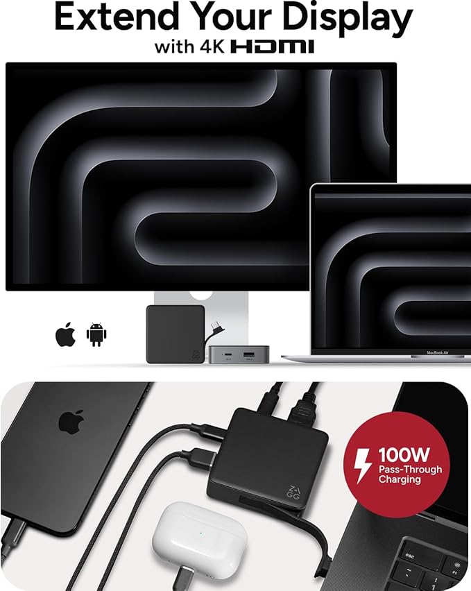 ZAGG 4-Port Hub - Versatile USB-C PD USB-A HDMI Adapter High-Speed Charging &amp 4K Display Support Compact for Travel Compatible with Windows macOS iPadOS ChromeOS Android
