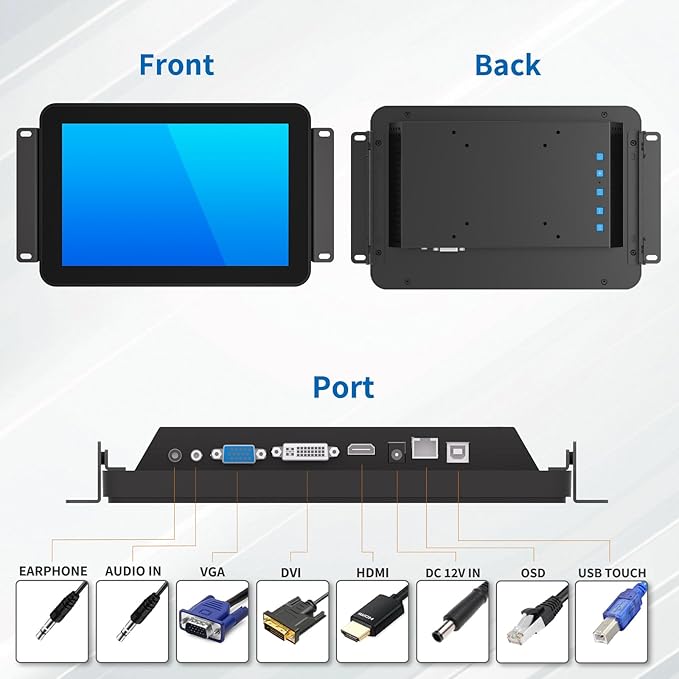 10.1 Inch Open Frame Touch Monitor PCAP 10-Point Touch Industrial Touchscreen Monitor with HDMI/VGA/DVI Interface Active Matrix TFT LCDLED Backlight with VESA Mount