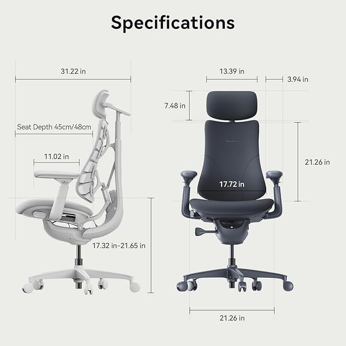 LiberNovo Dynamic Ergonomic Office Chair - Comfy Adjustable Desk Chair with Adaptive Lumbar Support 160° Recline &amp Built-in Spine Stretch for Back Comfort Home Office Long Hours Use Black+48cm