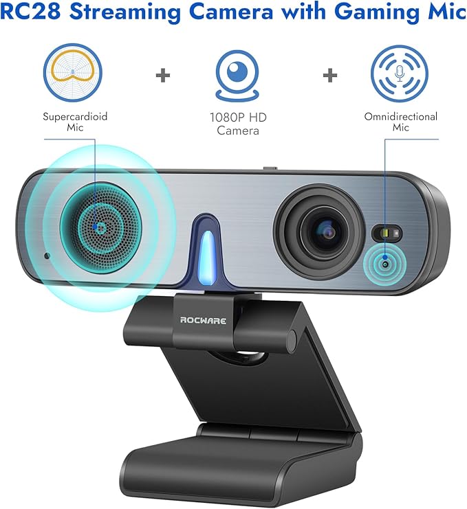 ROCWARE RC28 1080P 60FPS Webcam with Dual Microphones | Cardioid &amp Omnidirectional Pickup Hi-Fi Sound AI Noise Cancellation &amp Raw Audio Modes for Streaming Video Calls &amp Studio-Quality