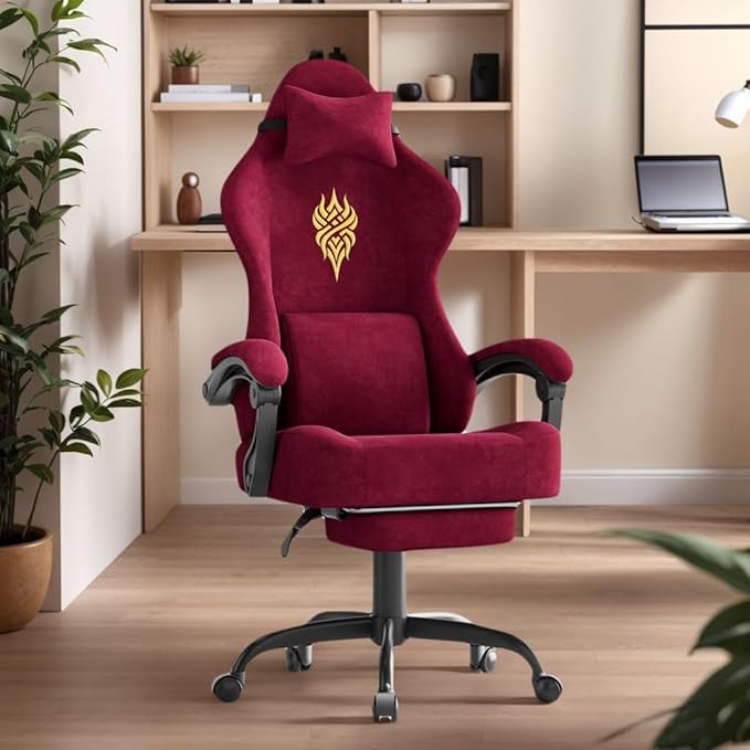 Soontrans Red Velvet Fabric Gaming Chairs with Footrest Ergonomic Comfortable Video Gamer Chair Reclining Office Computer Desk Game Chairs with Massage Lumbar CushionHeadrest for Adult