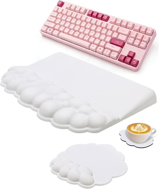 Cloud Wrist Rest Set for Keyboard and Mouse Ergonomic Memory Foam Wrist Support &amp Adjustable Keyboard Stand with Two Typing Angles Silky Lycra Surface Non-Slip Base (White)