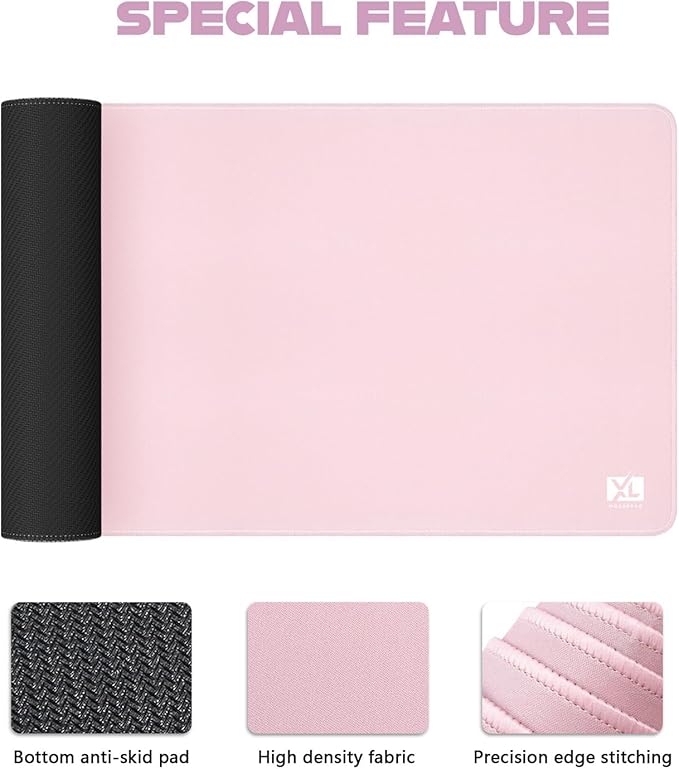 Light Pink 2XL Color Mouse Pad - Oversized (36''x18'') Gaming Desk Mat with Non-Slip Base and Stitched Edges - Waterproof and Durable
