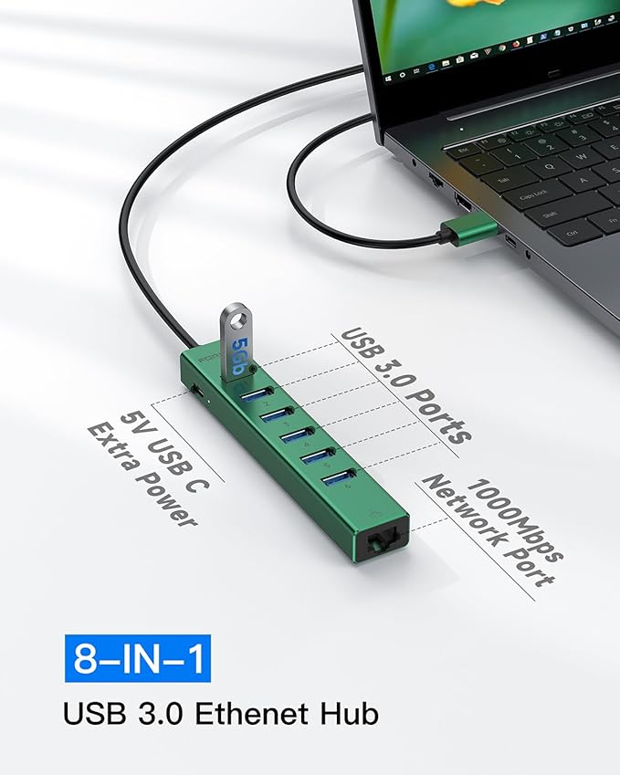 7 Ports USB 3.0 Hub USB to Network HUB with 3.9ft Long Cable for Laptop USB Splitter with Gigabit Ethernet Port and 5V/3A Power Port MultiPort Aluminum Hub for iMac PC Flash Drives (Green)