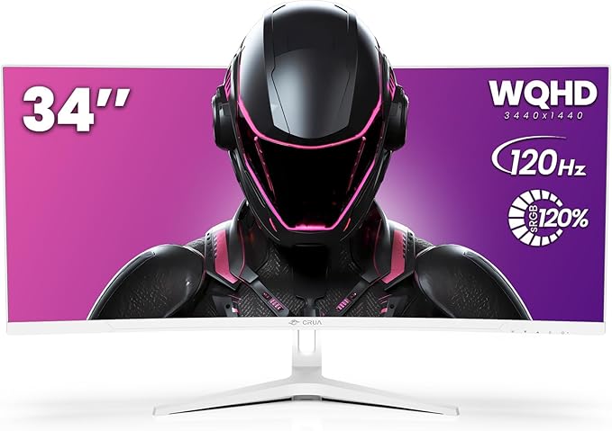 CRUA 34 Curved Gaming Monitor WQHD 3440x1440 120Hz Computer Monitors 1500R VA Screen 120% sRGB AMD FreeSync Blue Light Filter HDMI 2.0 &amp DP 1.4 Wall Mountable Installs- White