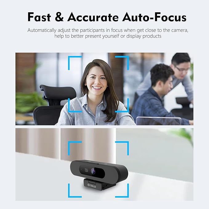 TOALLIN 4K AI Webcam with WDR Auto Light Correction AI Tracking with Auto-Framing Auto-Focus 5X Adjustable Digital Zoom Built-in Dual Noise-Canceling Mics 92° FOV Webcam for Online Video Calls
