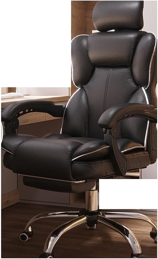 Computer Chair Household Office Chair Gaming Backrest Stool Scroll Wheel Pedal Headrest Latex Leather Rotatable Lifting Chair (Color : Black Footrest B)