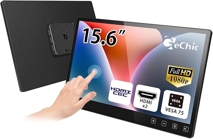 Gechic T152C 15.6″ FHD Touchscreen Monitor – Capacitive Multi‑Touch Anti‑Fingerprint 7H Glass Dual HDMI &amp USB‑A 360° Swivel Stand VESA 75mm Windows/Linux/Chrome Compatible