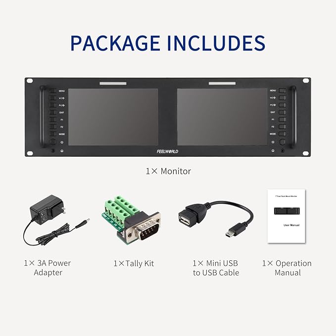 FEELWORLD D71 Plus-H Dual 7 Inch 3RU Broadcast Rack Mount Monitor with Waveform LUT IPS 1920x1200 HD LCD Screen HDMI AV Input and Output