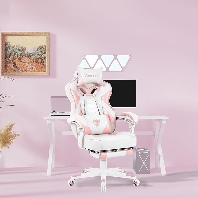 Vonesse Pink Gaming Chair Big and Tall Gaming Chair with Footrest and Massage Gaming Chairs for Adults with Lumbar Support Ergonomic High Back Computer Chair with Pocket Spring Cushion (White/Pink)