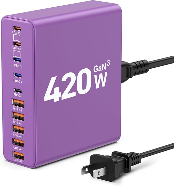 420W USB C Charger Block10-Port Charging Station GaN Fast Charging Type C &amp USB A Wall Charger Adapter for MacBook Pro/AiriPhoneiPadDell XPSSamsung Galaxy(Purple)