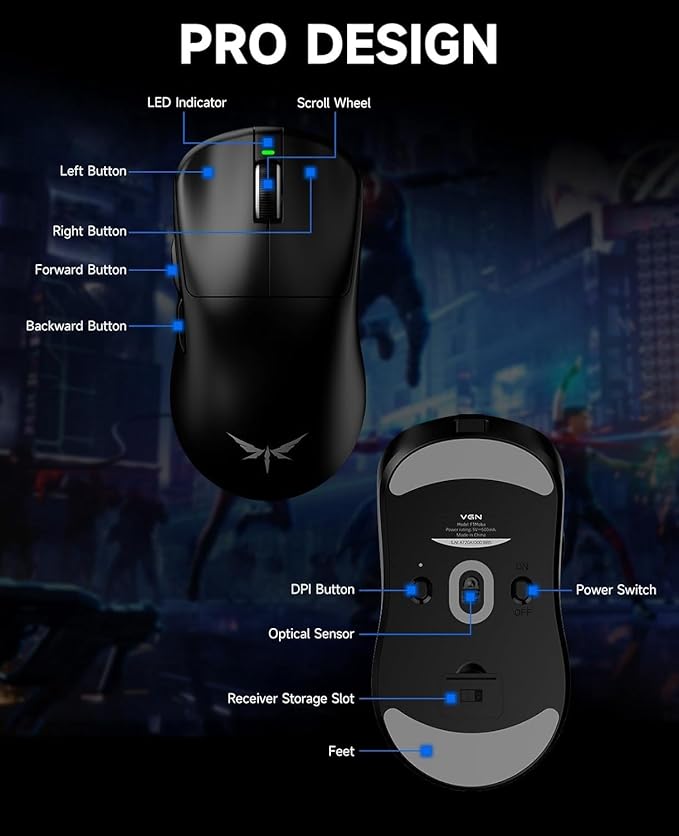 VGN F1 Wireless Gaming Mouse 26000 DPI High Precision 55g Lightweight 4K Polling Rate 200-Hour Battery Life 6 Programmable Buttons USB-C Charging Gaming Mouse Wireless for PC/Mac/LaptopBlack
