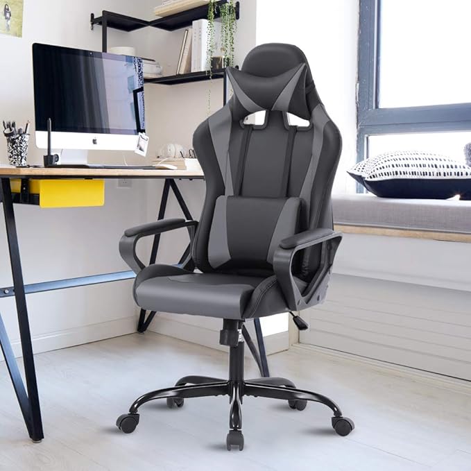 Racing Style Gaming Chair - High Back Ergonomic Executive Chair with Headrest Massage &amp Lumbar Support Grey