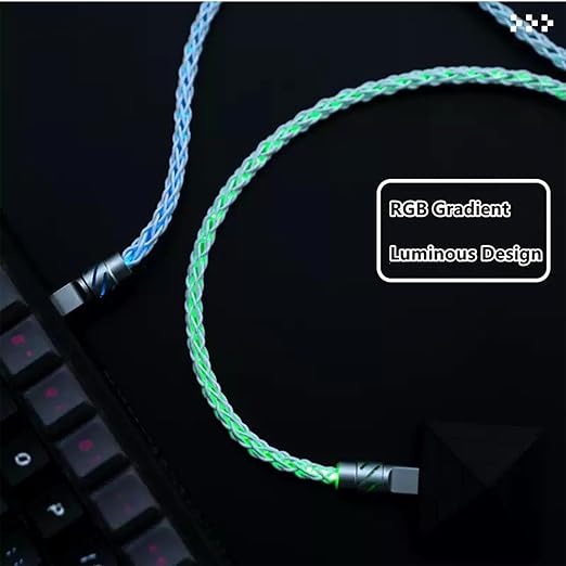2-IN-1 USB C Dual 8K Mechanical Keyboard Magnetic Axis Cable  6mm Thick Braided RGB Flash Cable No Interruption Metal Plug for Mechanical Keyboards/Mice/Hubs USB-C to USB-A1.5Meter (Silvery)