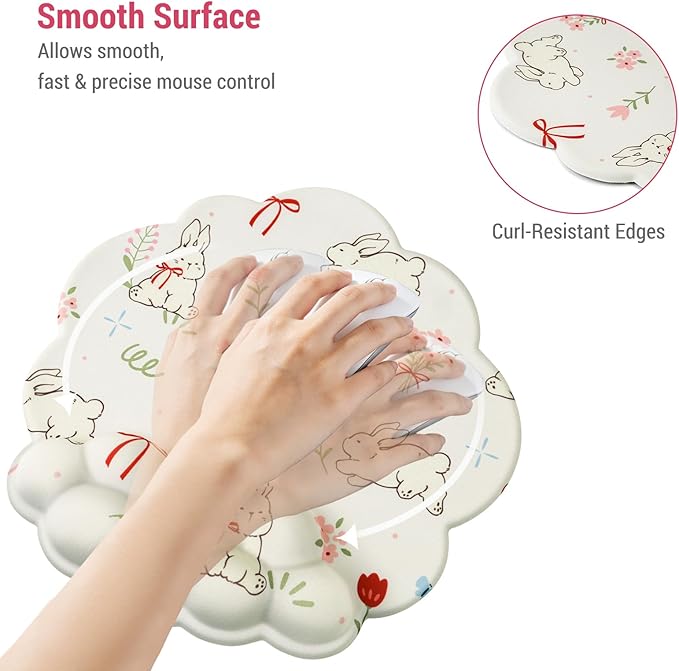 Conmputer Desk Mat Set 4 in 1 Cloud-Shaped Ergonomic Wrist Rest Set Mouse Pad with Non-Slip Base Memory Foam Silicone Lining Keyboard Wrist Rest Computers Offices Gaming Cute White Bunny