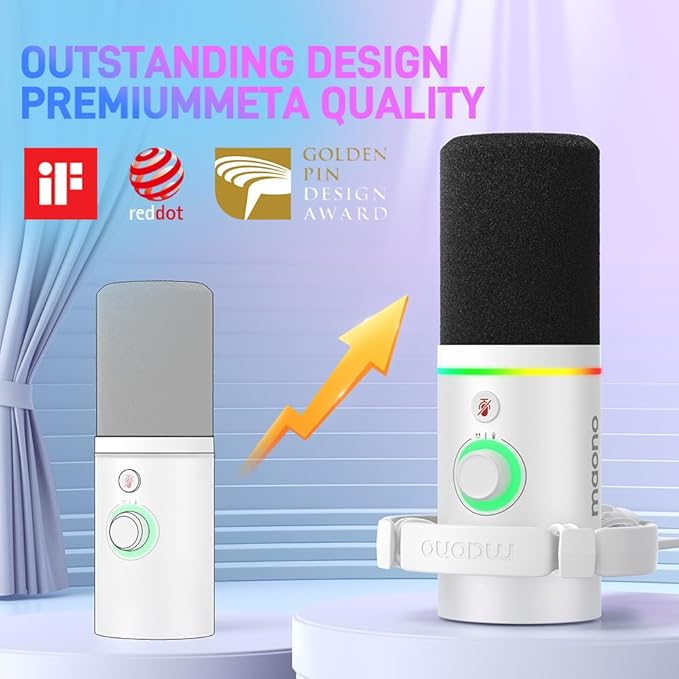 MAONO XLR/USB Dynamic Microphone RGB Gaming Mic with Software Mute Gain Knob Volume Control and Headphone Jack for Streaming Podcasting Recording-PD200X (White)