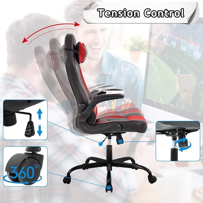 Massage Gaming Chair Ergonomic Office Chair High Back Desk Chair PU Leather Executive Chair with Lumbar Support Headrest Armrest PC Racing Computer Chair Task Rolling Swivel Chair Red
