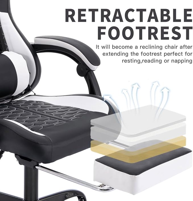 Gaming Chair with MassageErgonomic PC Gaming Chair with Footrest Comfortable Headrest and Lumbar SupportHigh Back PVC Leather300LBS (Black White)