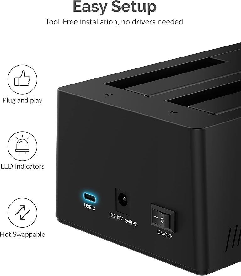 SABRENT USB Type C SATA 2.5” &amp 3.5” Dual Bay Hard Drive Docking Station | Offline Cloning | Up to 5Gbps | Tool Free Installation (EC-CH2B)