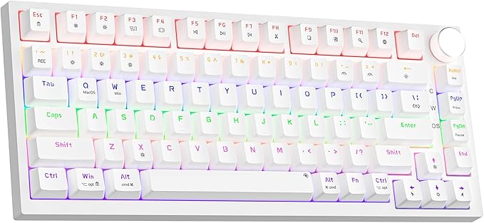 Newmen GM326 75% Percent Mechanical KeyboardWired Mini Backlit Hot Swappable Gaming Mechanical Keyboard with Knob82 Keys Anti-Ghosting Compact White Gaming Keyboards for PC Win MacRed Switch