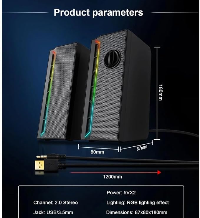 JSEIAJB 3.5mm Aux 2.0 Stereo Surround Music RGB Gaming Speakers Sound Bar for Computer Desktop PC Loudspeakers