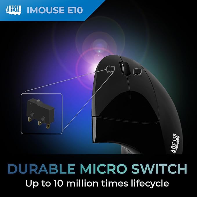 Adesso iMouse E10 - Vertical Ergonomic Optical 6-Button 2.4 GHz RF Wireless Mouse - Right Hand Orientation Black