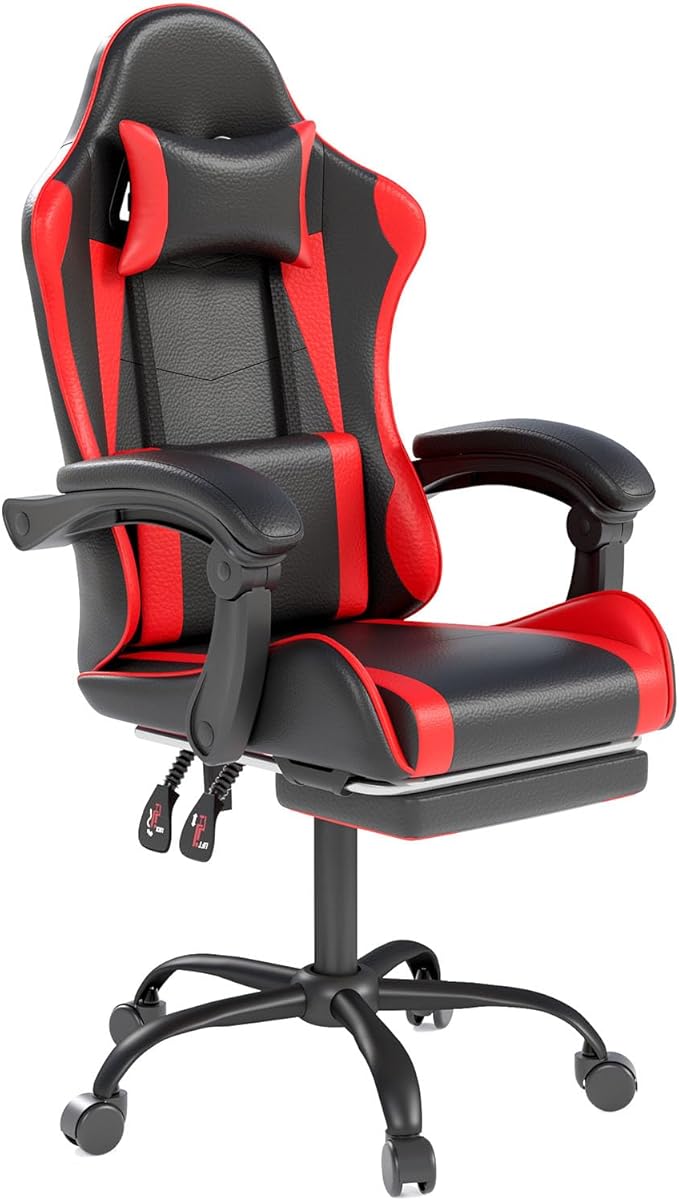 Gaming Chair with Headrest and Lumbar Support Ergonomic High Back Office Chair Racing Style Executive Computer Desk Chair Leather Adjustable Swivel Task Chair for Home Office (Red Black)