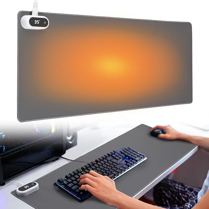 Large Heated Gaming Mouse Pad Gamer Gifts - 5 Levels Heating &amp Timed Auto Shut-Off Heated Desk Pad Mat for Keyboard Winter Gaming Accessories Gifts for Men Boy Women 31.5''x13'' Grey