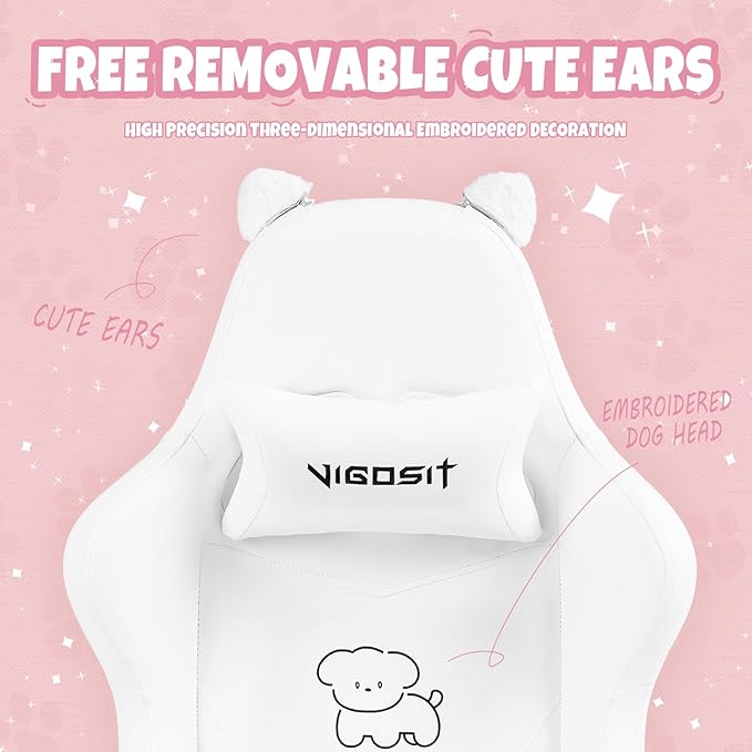 Gaming Chair Cute Cat Computer Chair with Footrest and Headrest Ergonomic Gaming Office Desk Chair with Lumbar Cushion Height Adjustable 360° Swivel Recling Chairs for Adults