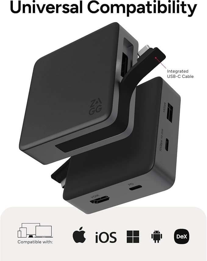 ZAGG 4-Port Hub - Versatile USB-C PD USB-A HDMI Adapter High-Speed Charging &amp 4K Display Support Compact for Travel Compatible with Windows macOS iPadOS ChromeOS Android