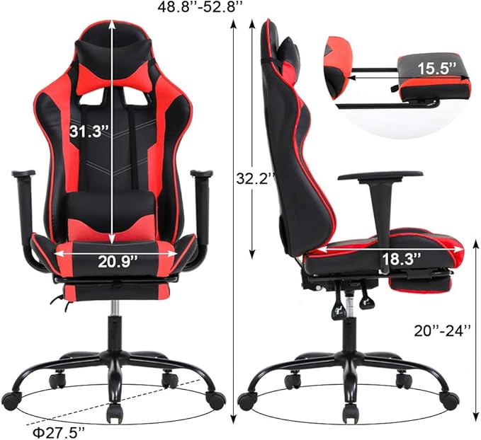 BestOffice Women's Red Gaming Chair Sturdy Faux Leather 360-Degree Rotating Lumbar Support Massage Vibration Easy Assembly 21.7W x 20.9D x 45H