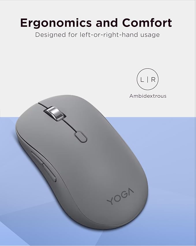 Lenovo Yoga Bluetooth Silent Mouse 3 Level DPI Adjustment 36 Month Battery Life Bluetooth 5.3 3 Device Paring Whisper Quiet Programmable Buttons Smooth Finish Luna Grey