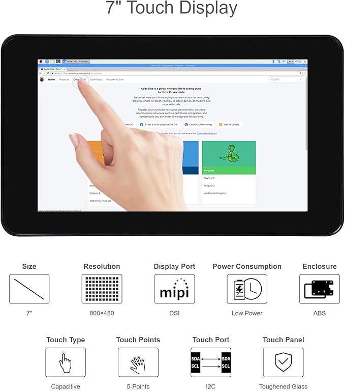 Waveshare 7 Inch DSI LCD Screen with Case for Raspberry Pi 4B 800×480 Capacitive Touch Screen Monitor Support Raspbian/Ubuntu/Kali/Win 10 IoT