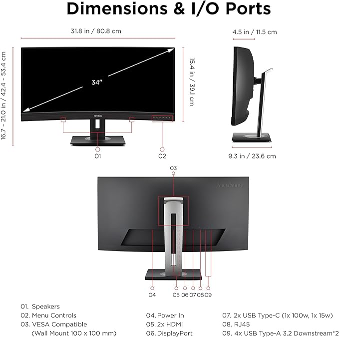 ViewSonic VG3456CA 34 Inch 21:9 Ultrawide QHD 4K Curved Monitor with Ergonomic Design 100W USB C Docking Built-in Gigabit Ethernet RJ45 for Home and Office
