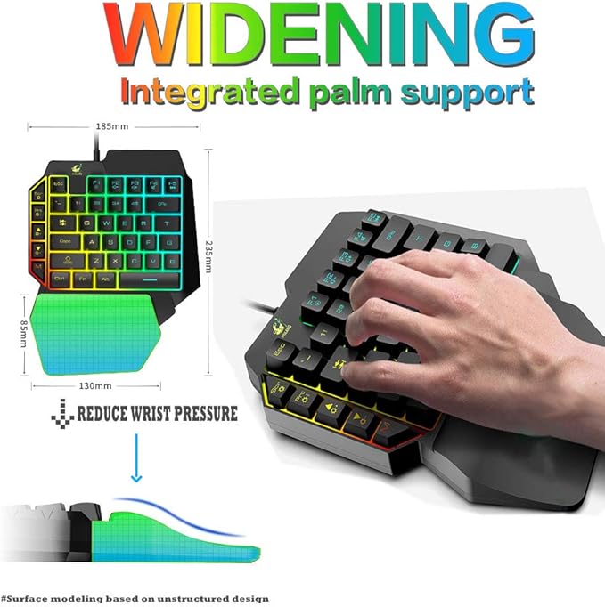 One Handed Gaming Keyboard and Mouse Combo 39 Keys USB Wired Gaming Keypad with Wrist Rest Rainbow Backlit Mechanical Feel Anti-Ghosting Keyboard 6-Button Adjustable DPI Mouse for PC