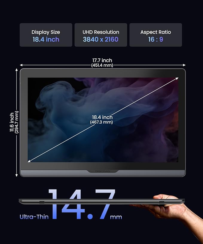 DIGIDRAW Drawing Tablet 18.4in 4K UHD with Touch Screen △E&lt1.3 99.8% sRGB 16K Pressure Battery-Free Pen Fully Laminated Anti-Glare+Anti-Fingerprint Includes Remote Control for Digital Art Animati