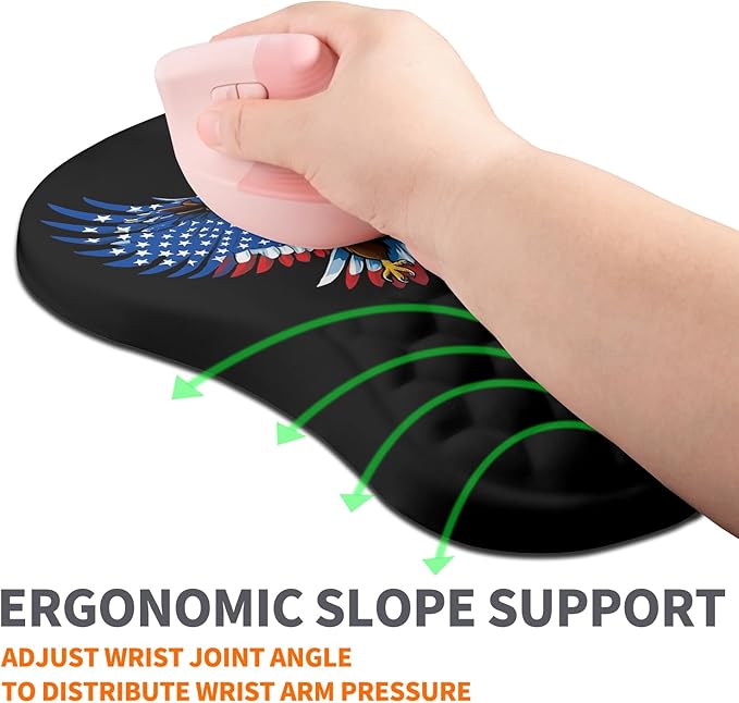Ergonomic Joint Wrist Support Mouse Pad with Memory Foam Cushion Massage Bump Carpal Tunnel Pain Relief Mousepad Slope Design for Wrist Rest 11.8x7.9 in Eagle Flag