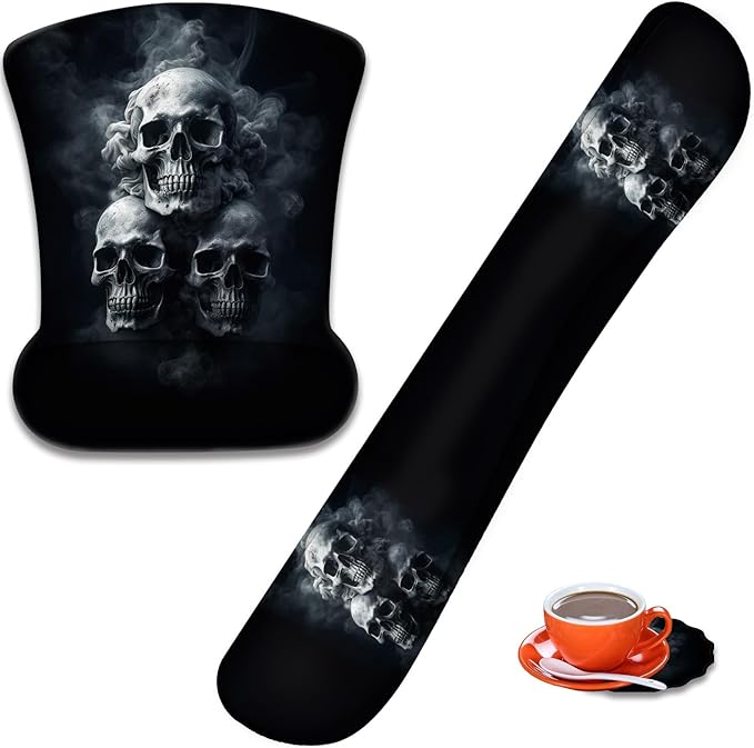 Mouse Wrist Rest and Keyboard Wrist Rest Pad+ Coaster Set Non-Slip Rubber Base Smooth Surface Ergonomic Gaming Mouse Pad for Easy Typing and Pain Relief Smoke Skull