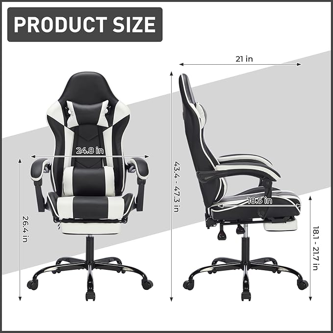 Ergonomic Office Chair Gaming Chair Home Office Computer Chair 330lbs 3-Level Tilt Backrest with Footrest Comfortable Headrest and Lumbar Support Swivel Rolling Seating (White)