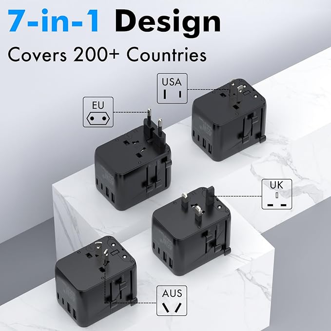 7 in 1 Travel Adapter Worldwide w/GaN 45W 2 USB-A (15W) 3 USB-C (45W) 2 AC Outlets Safety Certified International Plug Adapter for Universal Laptop Phone Camera for US EU UK AU