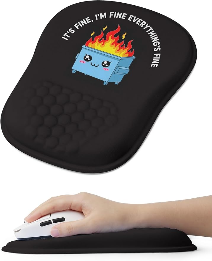Funny Dumpster on Fire Ergonomic Mouse Pad for Carpal Tunnel Pain Relief 65% Usable Mouse Area Memory Foam Concave Wrist Rest for for Office PC Gaming
