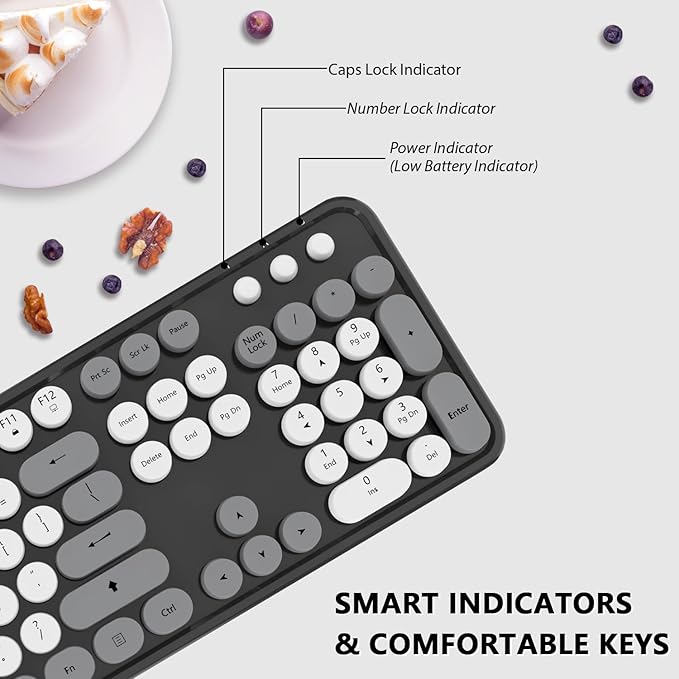 Wireless Keyboard and Mouse KOOTOP Cute Keyboard and Mouse 2.4G Wireless Keyboard with Retro Round Keycap for PC Mac LaptopTabletComputer Windows (Grey)