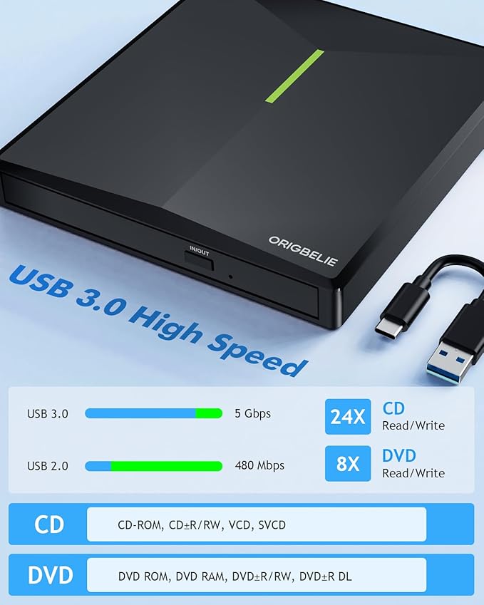 External CD DVD Drive with 4 USB Ports and 2 TF/SD Card Slots USB 3.0 Portable CD/DVD Disk Drive Player Burner Reader Writer for Laptop Mac PC Windows 11/10/8/7 Linux OS with Carrying Case