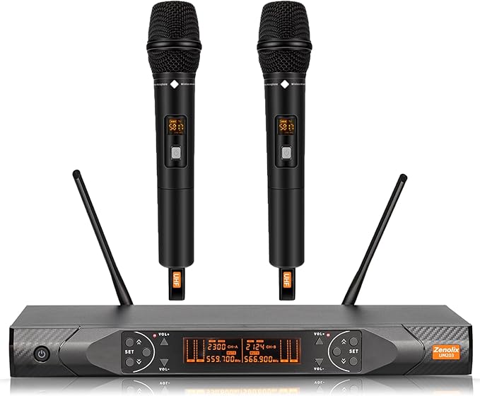Wireless Microphone System Metal Dual UHF Cordless Handheld Dynamic Karaoke Mic Set Auto Scan Long Range 200ft for Home Karaoke Singing DJ Party Church Wedding Speech (UM203)