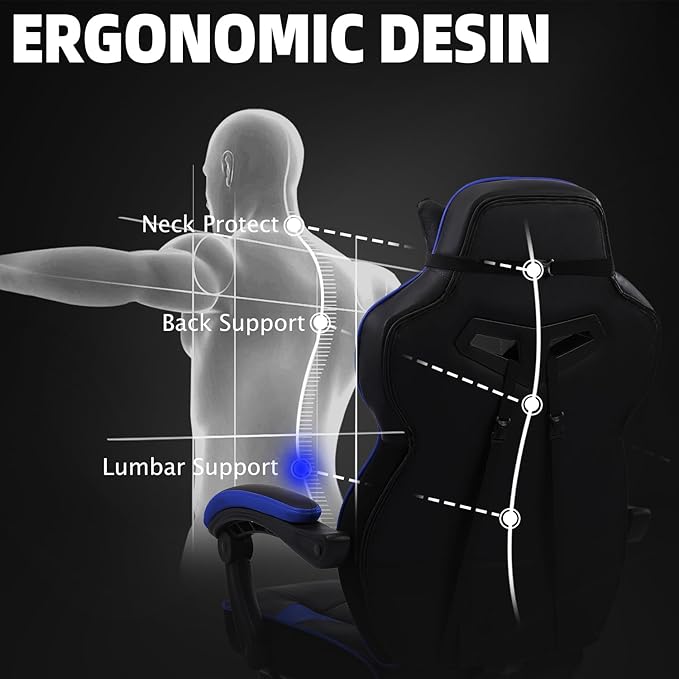 Vonesse Gaming Chair High Back Gaming Chair with Footrest and Massage Gaming Chairs for Adults with Pocket Spring Cushion Big and Tall Reclining Computer Chair with Lumbar Support (Blue/Black)