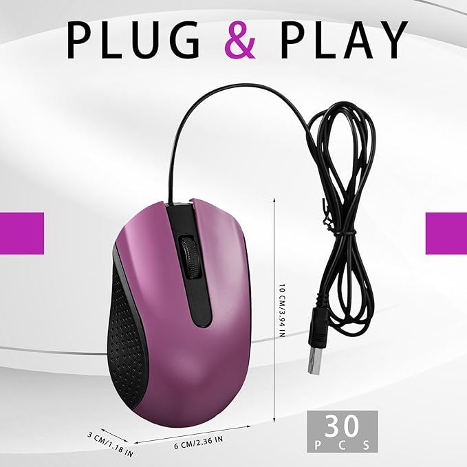 Bonuci 30 Pack USB Wired Mouse 3 Button Corded Computer Mice Bulk USB Mouse for PC Desktop Laptop Office School Classroom Use(Purple)