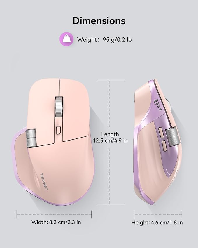 TECKNET Wireless Mouse Bluetooth Mouse (BT5.3/5.0 &amp 2.4G) Rechargeable Ergonomic Optical Mouse with 6 Adjustable DPI Side Scroll USB A Receiver 7 Buttons Wide Compatibility - Pink &amp Purpl